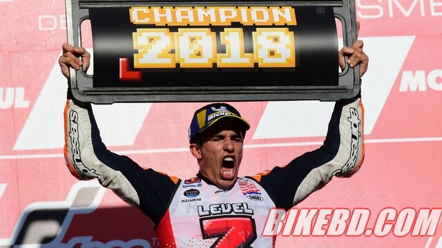 Repsol Honda Team Spanish rider Marc Marquez celebrates on the podium of the MotoGP Japan
